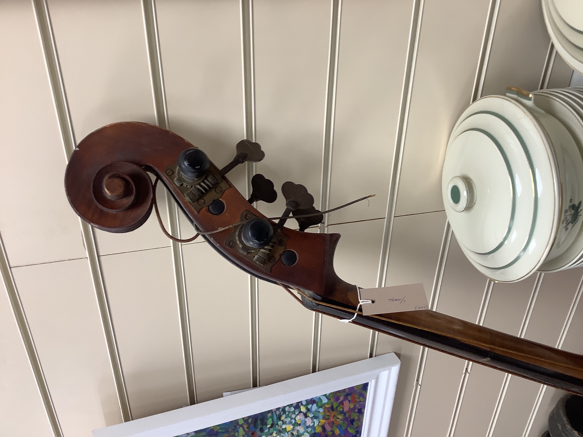 A double bass and three various violins, double bass 165cms high